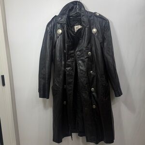 Berman’s Black leather long jacket Double Breasted Silver medallions Belted  38